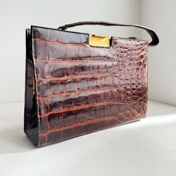 Vintage 50s 60s Crock Skin Brown medium Top Handle Bag - Picture 2 of 16